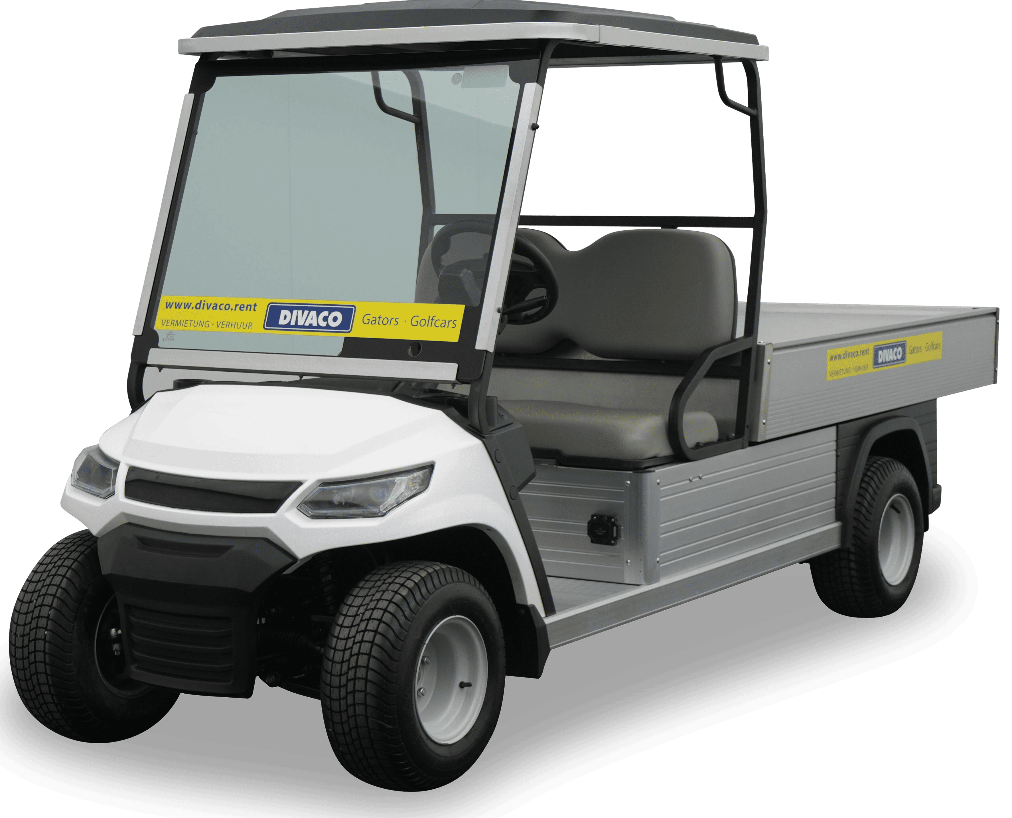 Electric golf carts for passenger and cargo transport, available in 2- to 8-seater versions, with options such as cargo bed, license plate, lighting, and tow hitch.