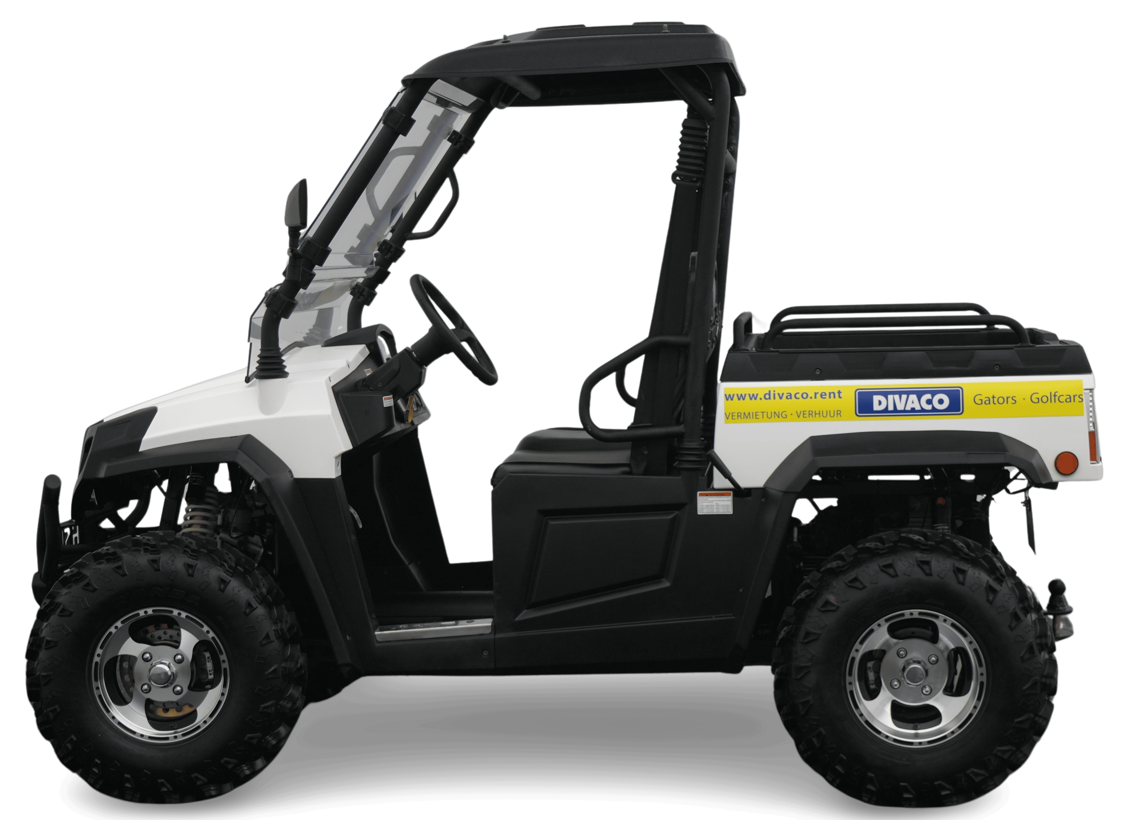 Electric 4x4 off-road utility vehicle with cargo bed and roof on construction site – gator.rent